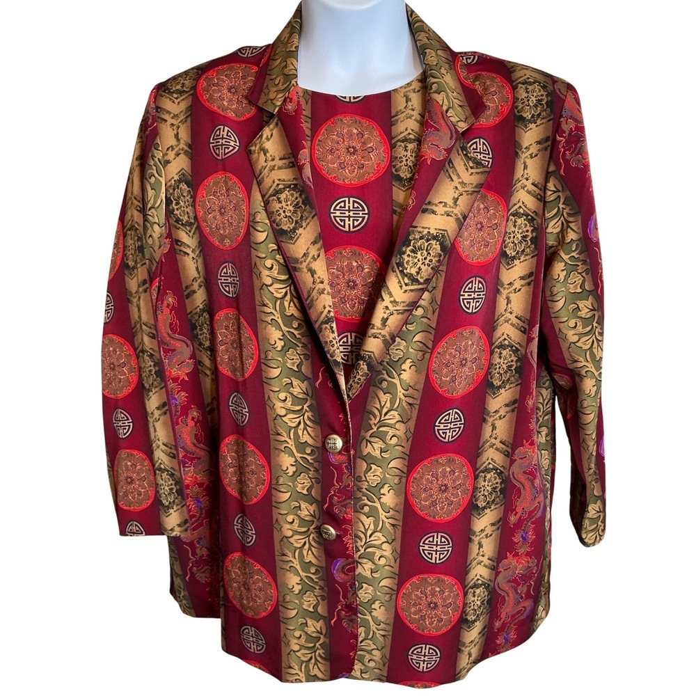 Vintage Maggie Sweet Blouse Blazer Set Est. Size 1X Asian Dragon Gold Red‎ Regal